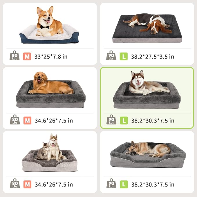 Dog Bed Waterproof Medium/Large Sized XL Foam Pet Beds Removable Washable Cover Dog Sofa Egg Crate Foam Support with Zipper Bottom Bolster Deluxe Plush Mat (Grey+38.2x30.3x7.5in)