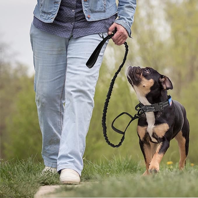 KCUCOP Heavy Duty Tactical Dog Collar and Leash Set, Military Training Nylon Reflective Collar with Handle Metal Buckle for Medium Large Dogs, Black, L (1 Patch Included)