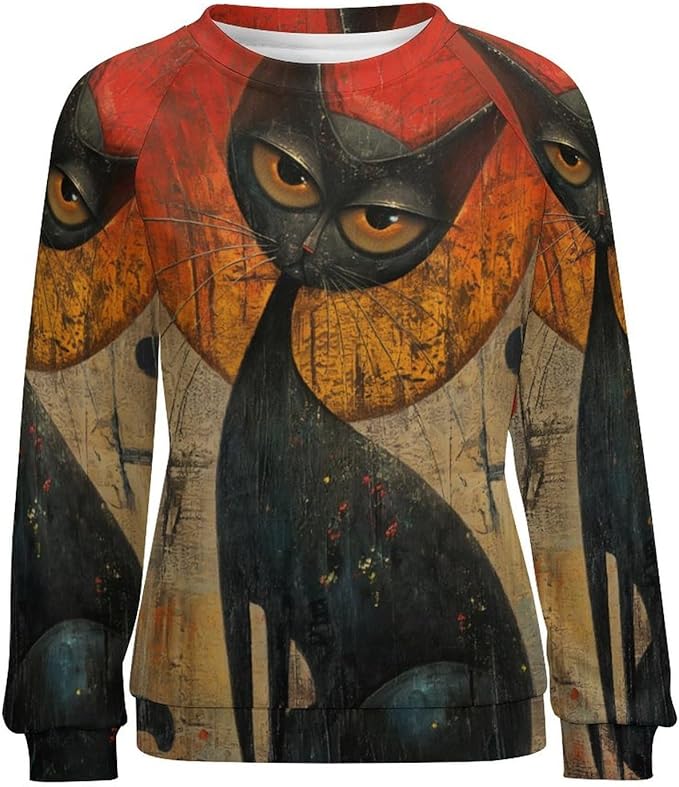 Biacolum Long Sleeve Shirts for Women Mid Century Retro Style Atomic Cat 3D Graphic Sweatshirts Fall Crewneck Pullover Top
