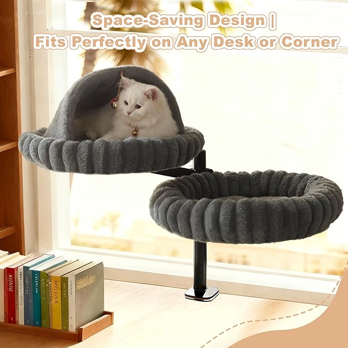 Dogpals 2-in-1 Cat Desk Bed: 360° Rotating & Height Adjustable Cat Tree with Semi-Enclosed & Open Layers, No-Drill Clamp for Desk up to 1.18" Thick, Supports 9lbs for Office