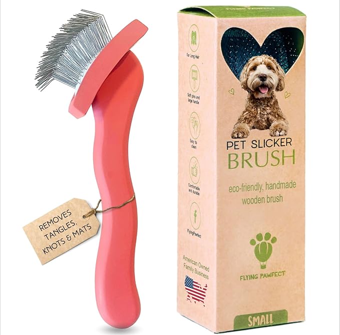 Pet Slicker Brush With Soft Massage Grooming Stainless Steel Pins - For Dematting, Shedding Fur, and Undercoat - Ideal Gift for Professional Pet Groomers - Long Slicker Brush (Coral, Curved Small)