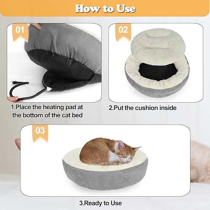 YUEPET 19" Heated Cat Bed Indoor, Donut Heated Pet Beds with Temp Adjustable & Timer, Calming Kitty Heating Bed Heating Pet Bed for Kittens Elderly Cats Non-Slip Grey Cats Nest