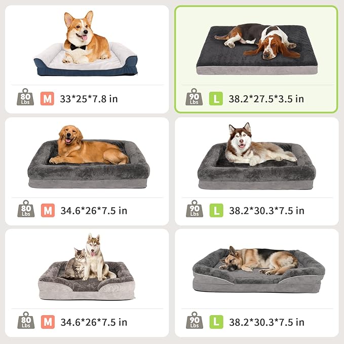 Dog Beds Waterproof Medium/Large Sized XL Foam Pet Beds Removable Washable Cover Dog Sofa Egg Crate Foam Support with Zipper Bottom Bolster Deluxe Plush Mat (Grey+38.2x27.5x3.5in)