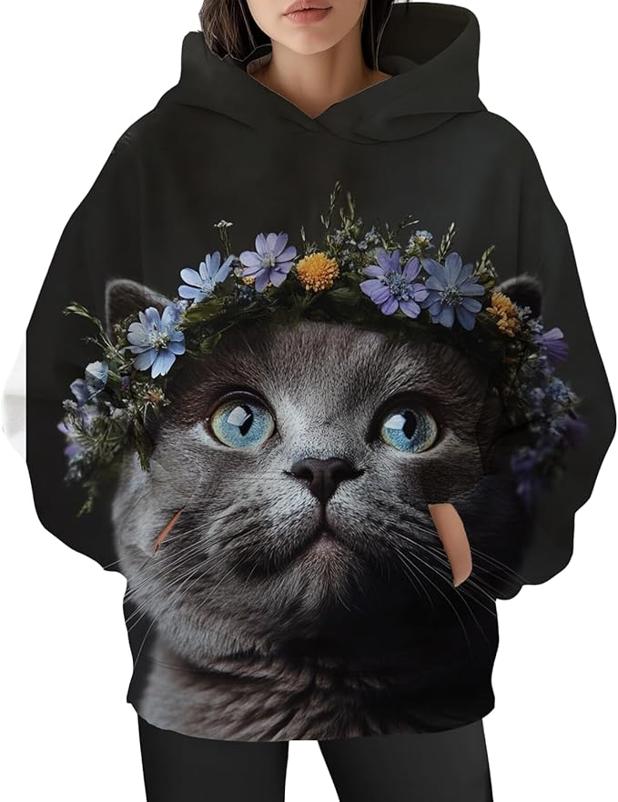 Womens Cat Print Hoodies Trendy Funny Cat Graphic Long Sleeve Sweatshirt Y2k Streetwear Hooded Pullover Tops