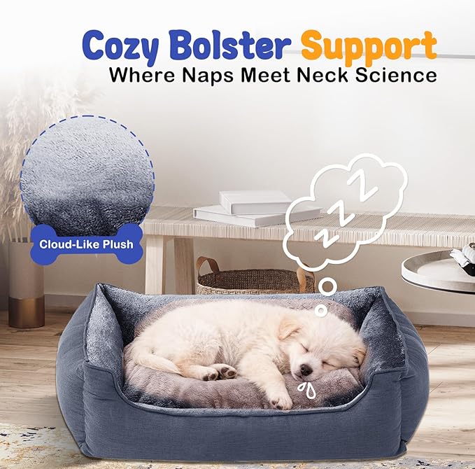 Makigued Rectangle Dog Bed for Small Dogs Washable Pet Bed with Bolster Sides Non-Slip Bottom Pet Sofa Waterproof Lining Durable Pet Cuddler, Dark Grey, 21x 16x 6.3 in