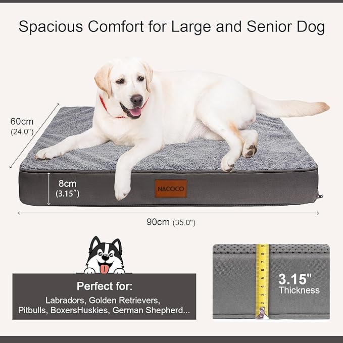 NACOCO Orthopedic Dog Bed for Medium Large Dogs, Waterproof Dog Crate Mat with Removable Washable Cover, 35D High-Density Foam Support, Non-Slip Bottom & Flannel Top, for Elderly Dogs, Grey, 35"x24"