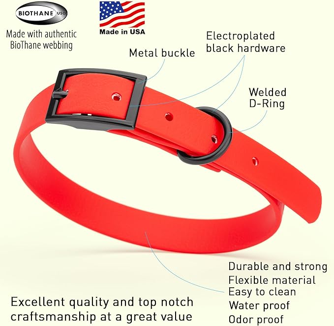 Dogline Biothane Coated Webbing Dog Collar with Black Metal Hardware: Durable Easy-Clean Everyday Collar for Dogs - Comfortable Adjustable Odor-Resistant Pet Collar, W5/8" x L12-15, Cherry Red