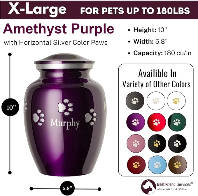Pet Urn for Dogs and Cats with Personalized Laser Engraving, Ottillie Paws Premier Series Memorial Urns (Small Amethyst Purple with Horizontal Pewter Paws)
