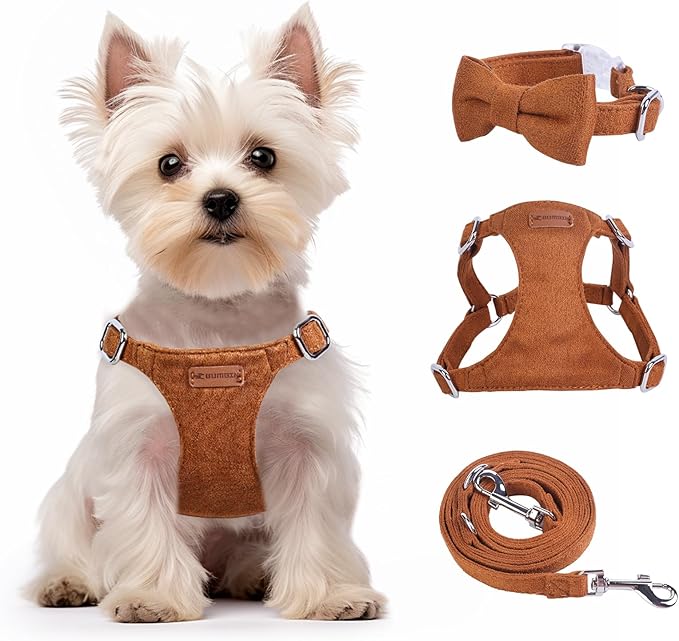 Dog Harness and Leash Set, XXS No Pull Adjustable Puppy Harness with Multifunction Pink Dog Leash and Dog Collar, Soft No Choke Escape Proof Pet Harness Vest for Small Dogs and Cats (Brown, XXS)