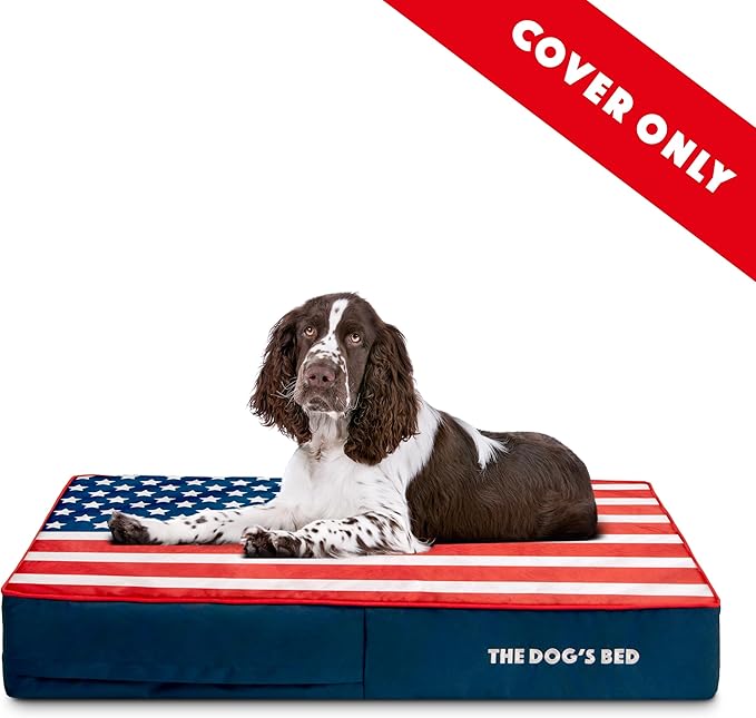 Replacement Outer Cover ONLY (Outer Cover ONLY - NO Bed, NO Waterproof Inner) for The Dog's Bed, Washable Oxford Fabric, Large 6 Inches (Blue with Red Piping USA Flag Embroidery & Centre Flag)