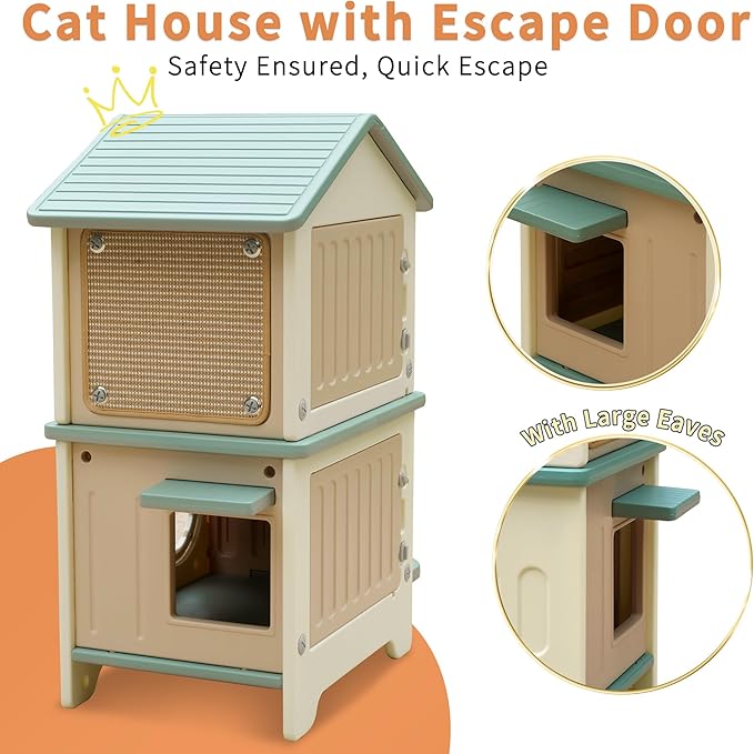 Rockever Outdoor Cat House with Insulated Liner, 100% Insulated Cat Houses for Winter Outside, 2 Story Waterproof Cat House For Outdoor Cats, Sturdy Stainless Steel Bowl & Scratching Post,Clean Easily