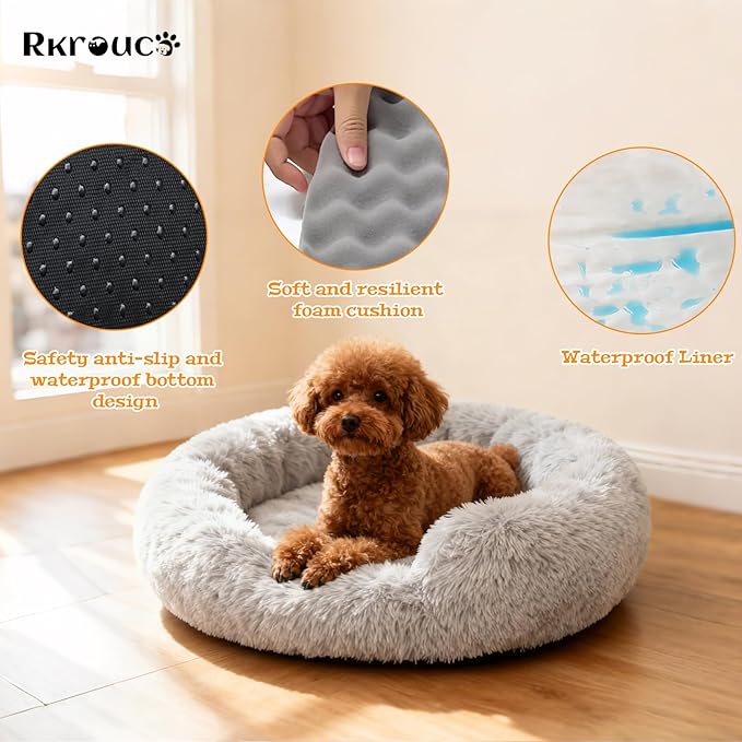 Fluffy Dog Bed Calming Donut Beds for Large Dogs Warming Round Small Medium Pet Nest Cozy Cat Mattress Indoor Washable Puppy Kennel Kittens Sleep Mat (XL, 43.3×43.3 inch, Light Gray)