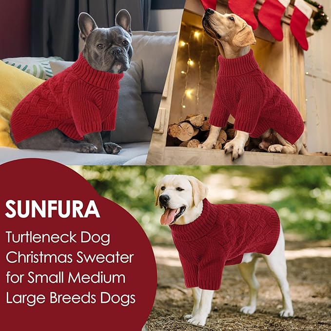 SUNFURA XS Dog Sweater, Small Dog Sweater Doggie Knitted Knitwear for Winter, Cat Pullover Christmas Sweatshirt for Yorkie Chihuahua, Warm Thick Turtleneck Clothes for Puppy, Red X-Small