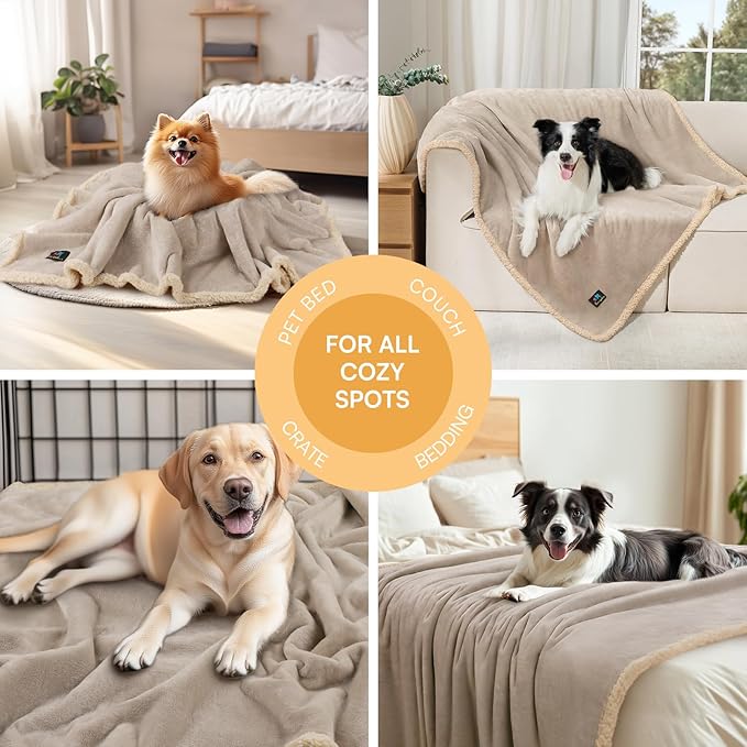 Waterproof Pet Blanket, Liquid Pee Proof Dog Blanket for Sofa Bed Couch, Reversible Sherpa Fleece Furniture Protector Cover for Small Medium Large Dogs Cats, Grey Beige Medium（57" x 40"）