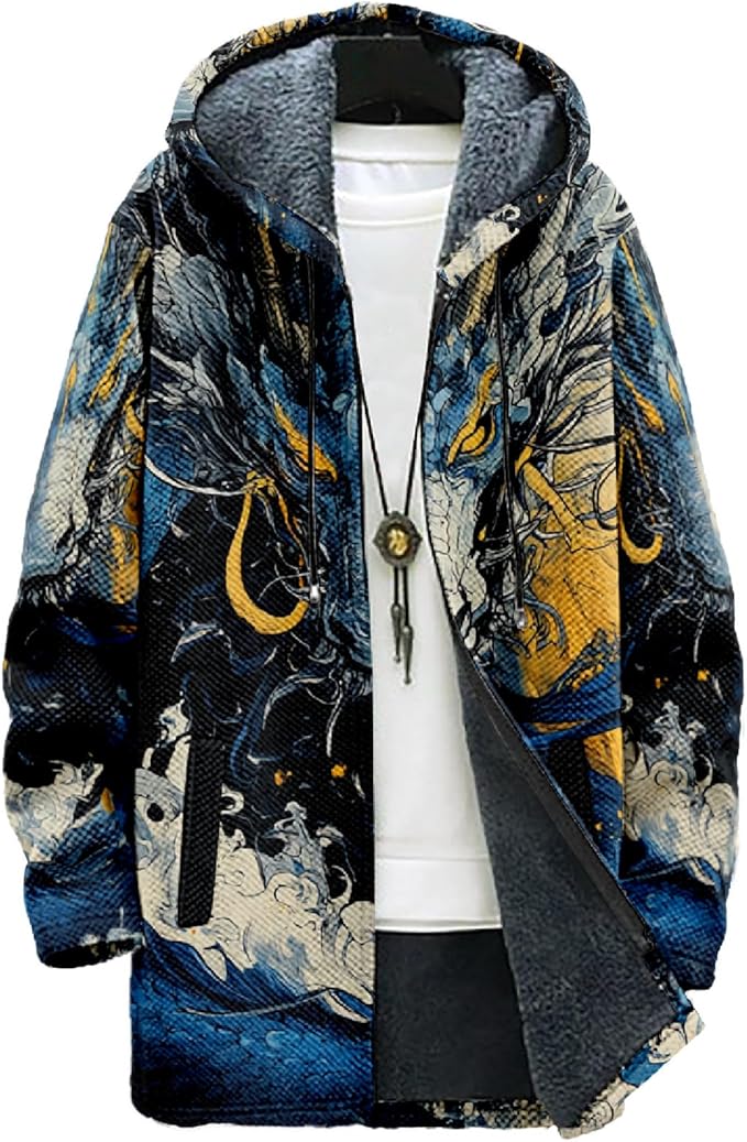 MARSVOVO Cool Hippie Long Cardigan Hoodies for Men Zipper Fleece Lined Knit Coat Skull Animal Print Graphic Jackets