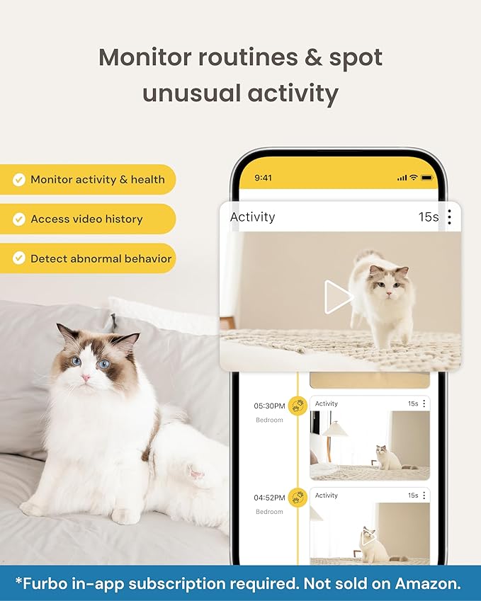 Furbo 360° Cat Camera - Unlock Camera & Smart Features w/Paid Plan: Home Security & Pet Safety Alerts, Rotating Treat Dispenser w/Speaker, Smart Cam w/Phone App (Subscription Required, 3mo Minimum)