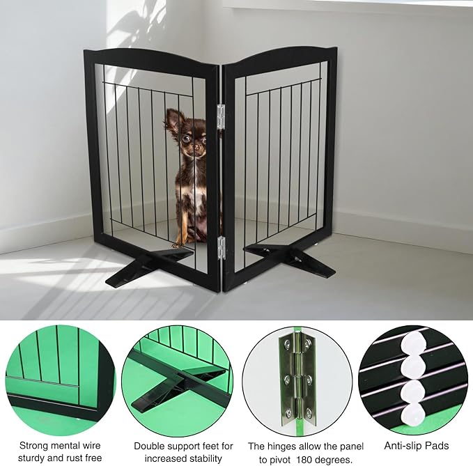 ZJSF Freestanding Dog Fence Indoor, Foldable Dog Gate for Doorways, Stairs or Hallways, Sturdy Wood Extra Wide Pet Gate with Support Feet for The House, Black, 32 "Height-2 Panels