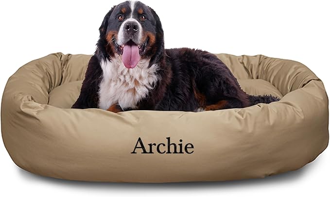Majestic Pet Personalized 52 Inch Bagel Calming Dog Bed Washable – Cozy Soft Round Dog Bed with Spine Support for Dogs to Rest Their Head - Fluffy Donut Dog Bed 52x35x11 (Inch) - X-Large – Khaki