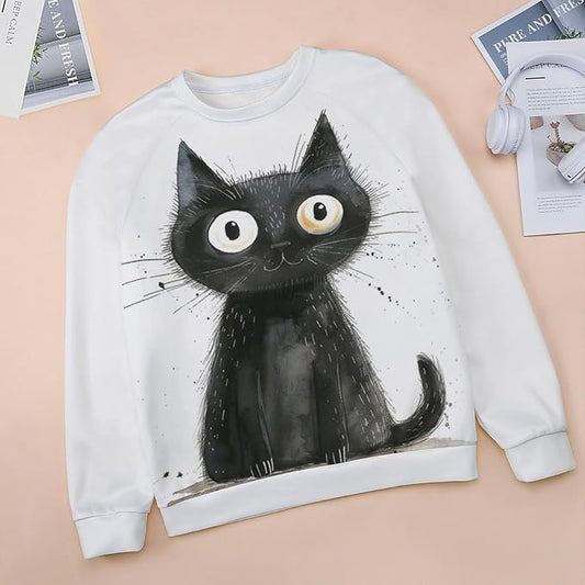 Biacolum Long Sleeve Shirts for Women Mid Century Retro Style Atomic Cat 3D Graphic Sweatshirts Fall Crewneck Pullover Top
