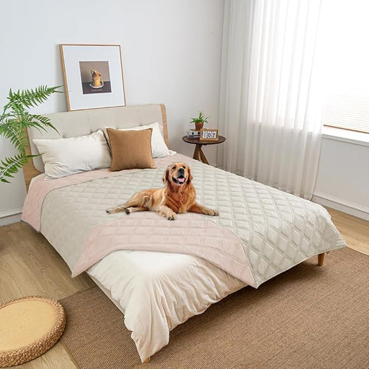 fuguitex Waterproof Dog Blanket Reversible for Small Dogs Resistant Leakproof Washable Couch Cushion Bed Protector Cover for Indoor Furniture Pet Friendly（68"*82",Baby Pink+Cream
