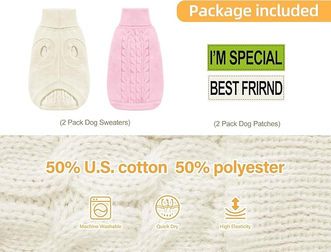2 Pack Dog Sweaters for Small Dogs - Puppy Medium Warm Clothes in Winter, Turtleneck Pullover Design for Boy Girl Pet, Doggie, Cat, Kitten Chihuahua Bulldog Pug Beagles (2XS, Pink, Beige)