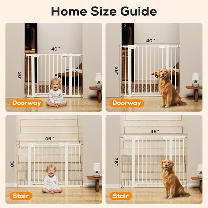 29.5-46" Baby Gate for Stairs, Baby Safety Essentials, Auto Close Gate for Doorways, Easy Install Pressure Mounted Dog Gate Indoor, Pet Gates for Dogs, White