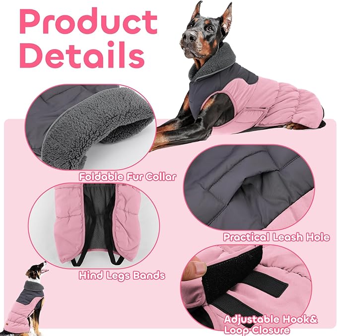 EMUST Dog Winter Jacket, Soft Cozy Large Dog Coat with Leash Hole, Solid Color Reflective Pet Cold Weather Coats for Large Dogs Windproof, Pink XXL