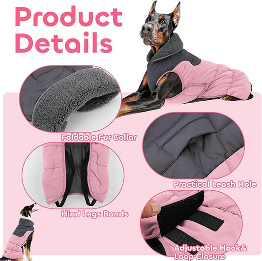 EMUST Dog Coats for Medium Dogs M, Waterproof Dog Jacket with Reflective Strips, Warm Pet Vest Snowsuit with Foldable High Collar for Cold Winter, Pink