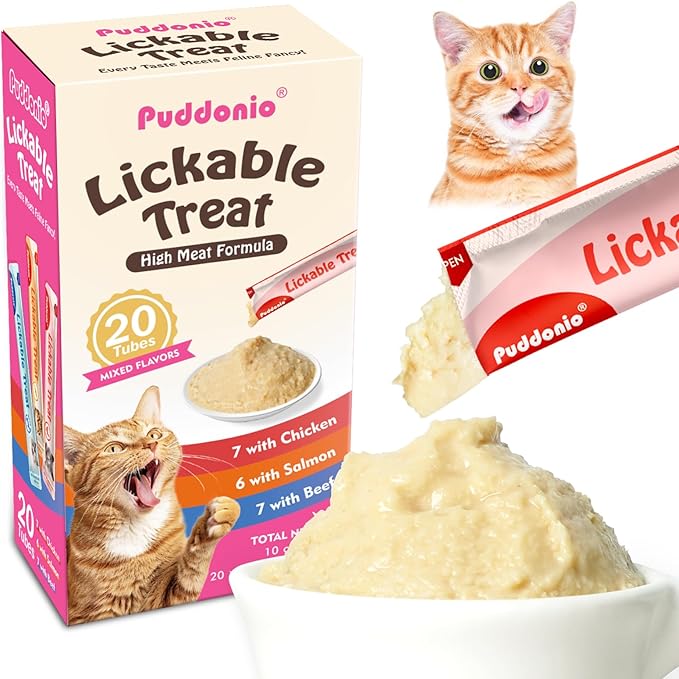 Puddonio High-Meat Lickable Cat Treats, Grain & Gum Free, No Additives, All-Natural High Protein Puree, 0.5oz Tubes (Pack of 20)