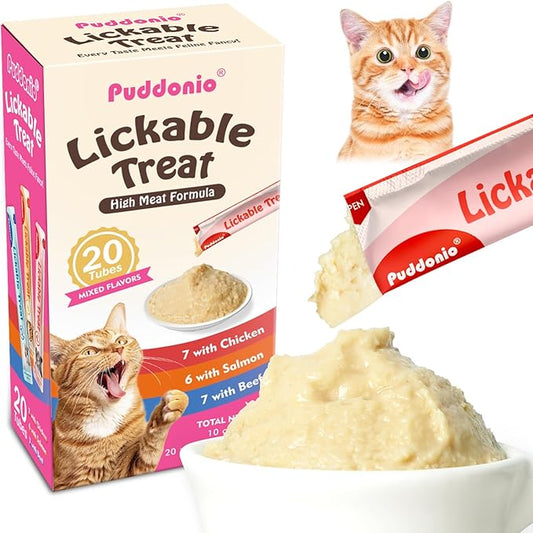 Puddonio High-Meat Lickable Cat Treats, Grain & Gum Free, No Additives, All-Natural High Protein Puree, 0.5oz Tubes (Pack of 20)