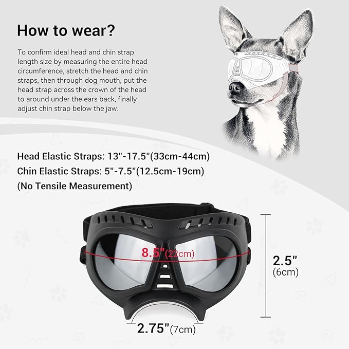 PETLESO Dog Goggles for Small to Medium Breeds, Small Dog Sunglasses UV Protection Windproof Snowproof, Outdoor Driving/Riding/Hiking Eyes Wear, Soft Frame Adjustable Straps, Silver Lens