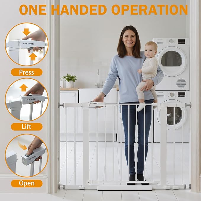 Baby Gate for Stairs, 29.7-43" Auto Close Dog Gate for Doorways & Hallways, Pressure Mounted Pet Gate with Walk Thru Door, Easy Install Safety Gate for Children & Pets, No Drilling, Dual-Lock Design