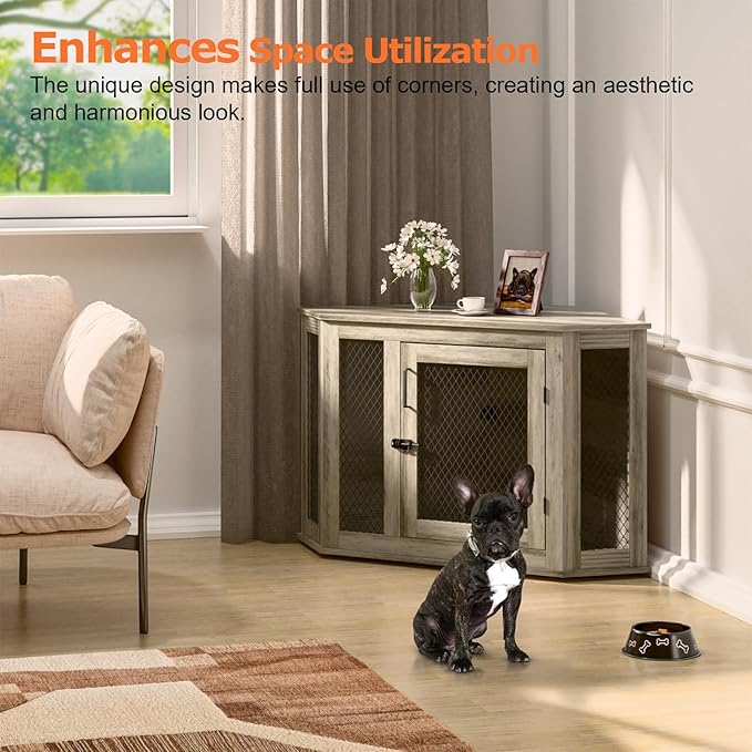 Coner Dog Crate Furniture, 44" Wooden Dog Kennel Furniture End Table with Mesh, Dog Kennel Indoor Furniture for Small Medium Dogs, Modern Decorative Wood Pet House Dog Cage Crate, Grey