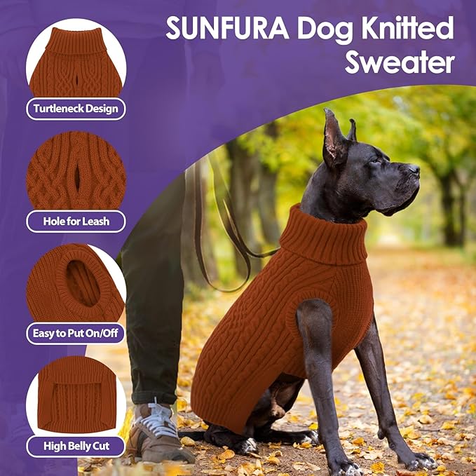 SUNFURA Small Dog Sweater, Christmas Dog Sweaters Fall Winter, Warm Sweaters with Harness Hole, Turtleneck Pullover for Dogs Girls Boys, Puppy Sweatshirt Knitwear Clothes for Dachshund, Brickred S