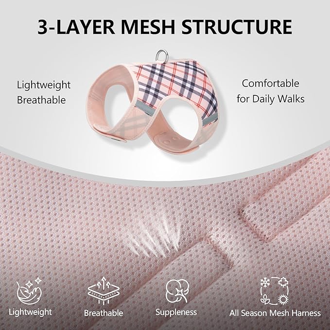 Dog Harness for Small Sized Dog,Hook-and-Loop Easy On/Off, Reflective Adjustable Soft Mesh Vest for Puppy (Checkered Beige,XXXS)