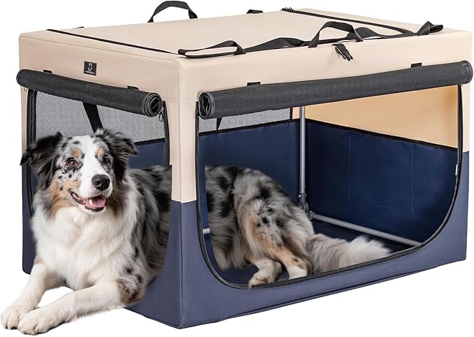 A 4 Pet Soft Dog Crate 36 Inch Mid Portable Collapsible Pet Travel Kennel, 3-Door Soft-Sided Lockable Zippers & Reinforced Steel Frame, Easy Setup, Mesh Panels — Ideal for SUV, Car, Camping & Home Use