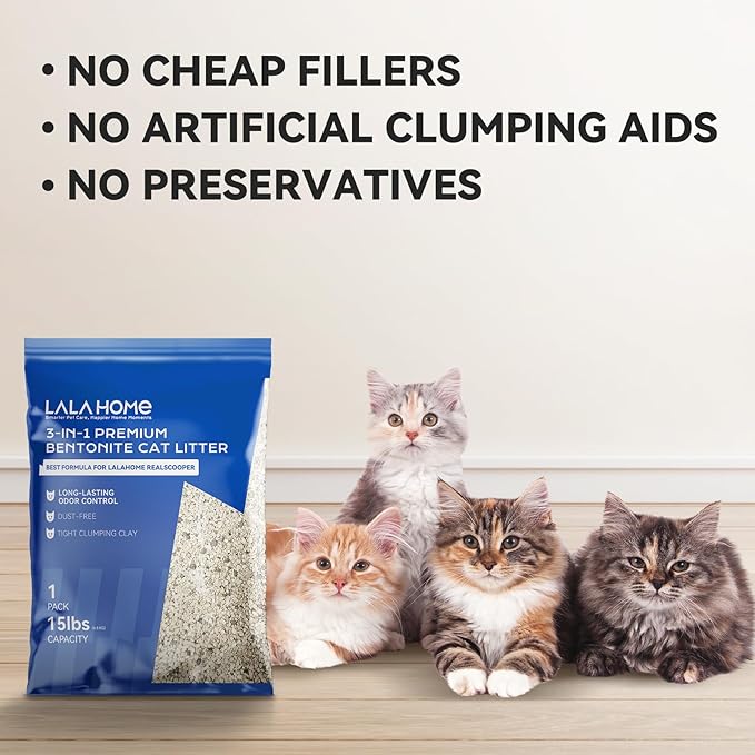 LALAHOME Clumping Cat Litter, Premium Bentonite Cat Litter Sodium-Based, Dust-Free, Strong Durability, Odor Control, Natural Mineral Formula Unscented Litter for RealScooper - 15 lb. Box