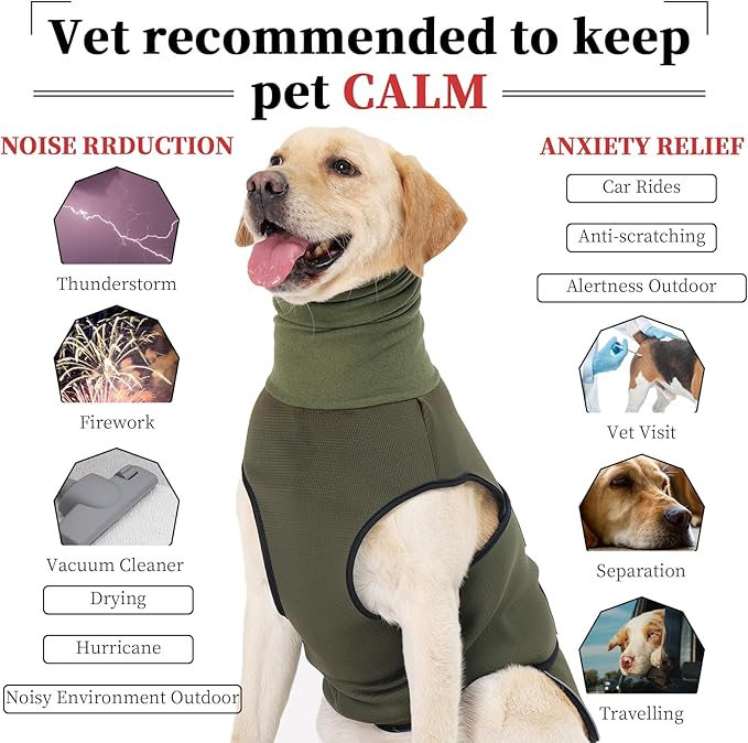 ROZKITCH Dog Anxiety Calming Hoodie, Jacket for Fireworks & Travel, Breathable Dog Shirt with Noise Block & Ear Protection Design ArmyGreen XL