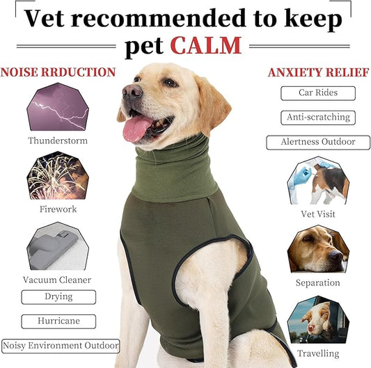 ROZKITCH Dog Anxiety Calming Hoodie, Jacket for Fireworks & Travel, Breathable Dog Shirt with Noise Block & Ear Protection Design ArmyGreen XL