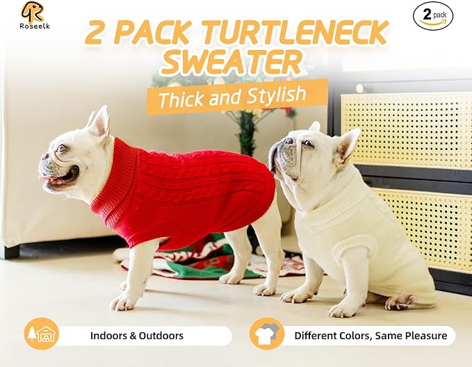 2 Pack Dog Sweaters for Small Dogs - Puppy Medium/Large Warm Clothes in Winter, Turtleneck Pullover Design for Boy Girl Pet, Doggie, Cat, Kitten Chihuahua Bulldog Pug Beagles (XL, Red, Beige)