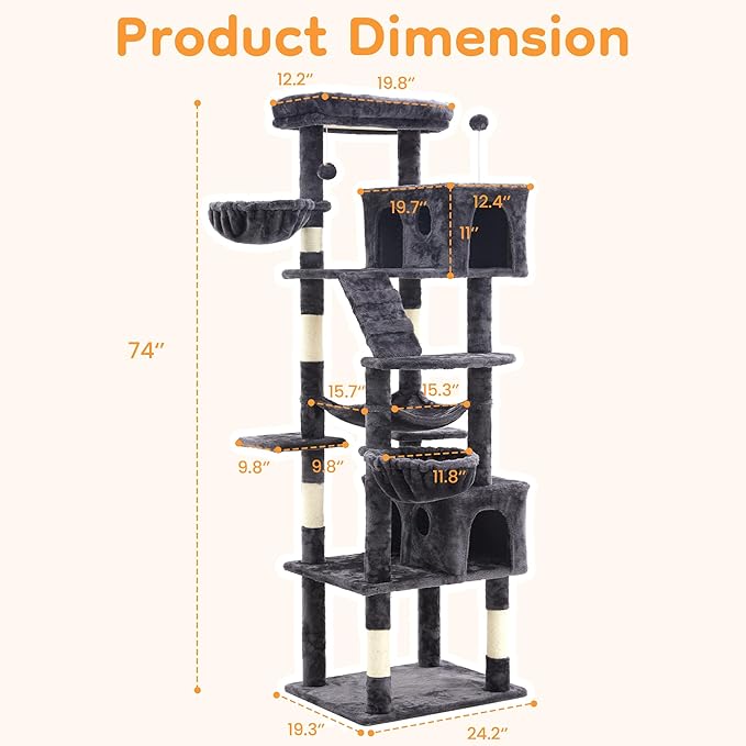73" Multi-Level Cat Tree Tower for Large Cats with Scratching Posts, Condos, Perch, Hammocks & Toys, Large Cat Jungle Gym for Indoor Cats, Ideal for Multi-Cat Households, Dark Gray