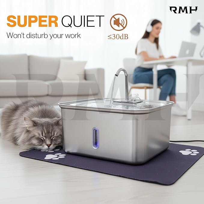 7L Stainless Steel Cat & Dog Water Fountain with 12×16 Waterproof Anti-Slip Mat, Automatic Pet Water Fountain with Quiet Pump, Triple-Stage Filter & LED Water Window for Multi-Pet Homes