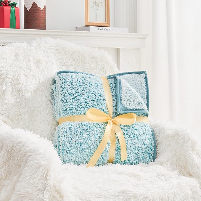EMME Soft Sherpa Fleece Blanket Reversible Plush Fluffy Large Blanket, Light Weight Warm Decorative Boho Blanket Cover for Sofa, Couch, Bedroom,Travel(Plush Teal,50"x60")
