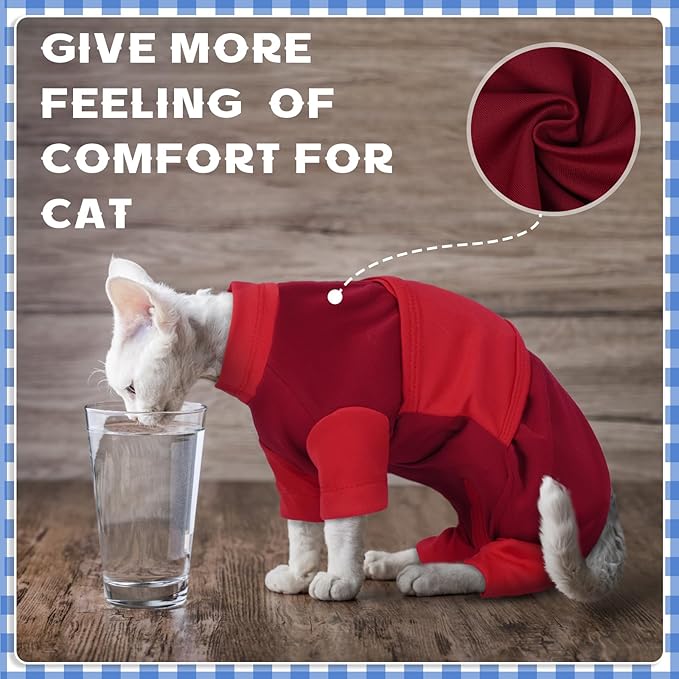 Anxiety Relief Catsuit, Color Blocking Cat Clothes, Adjustable Calming Onesie for Thunderstorms, Fireworks, Separation, Vet Visit, Loud Noises, Travel, Anti-Anxiety Wrap for Cats, Red Large