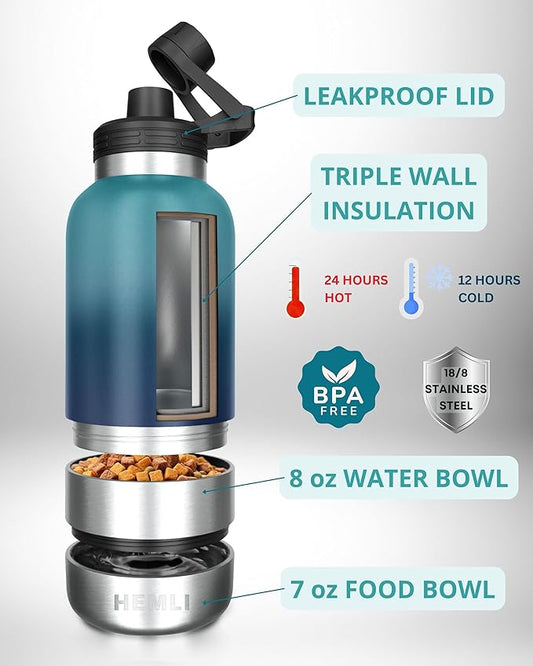 Dog Water Bottle Insulated Dog Travel Water Bottle Stainless Steel Pet Water Bottle Dispenser Portable Food and Water Bowl for Dogs with Carrying Case for Walking Dog Travel Kit… (Green Blue, 32 oz)