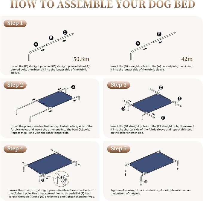 Elevated Dog Bed for Large Dogs, Washable Raised Cot with Skid-Resistant Feet, Waterproof Cooling Dog Beds with Oxford Cloth, Indoor/Outdoor Use, Khaki 50in