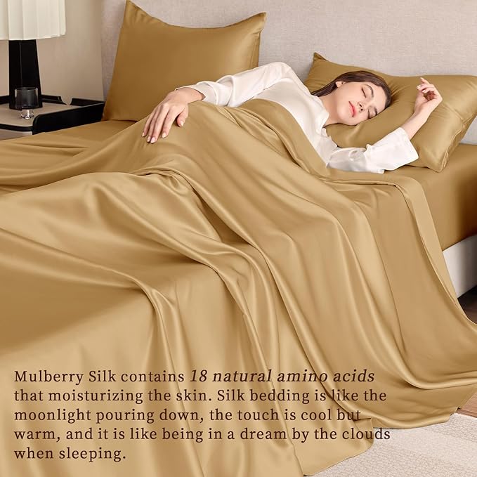 THXSILK Silk Sheet Set 4Pcs, 6A+ Top Grade 100% Pure Mulberry Silk Bed Sheets Ultra Soft Durable Luxury Bedding Sets, 1 Fitted Sheet, 1 Flat Sheet and 2 Pillowcases (Twin-XL, Metallic Gold)