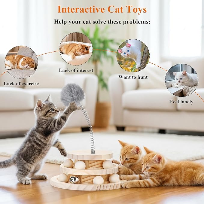 SMICEM Cat Toy Track Ball with Bell Teaser Wand - Double-Layer Tower Roller, Interactive Wooden Cat Toy for Mental & Physical Exercise, Double Fun for Kittens & Cats