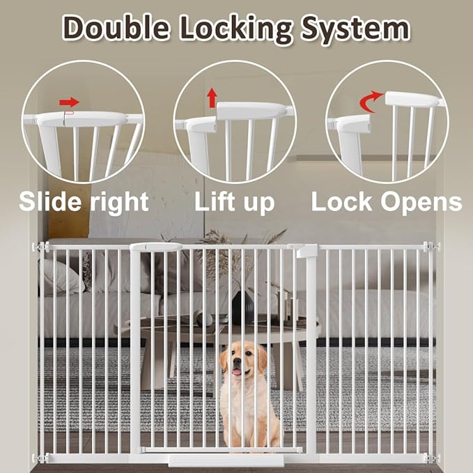 WAOWAO 1.37" Ultra Narrow Spacing Extra Wide Dog Pet Gate 53.74-61.61" Pressure Mounted Walk Through Double Lock Swing Auto Close Safety White Metal Toddler Baby Puppy Pet for Indoor,Doorway,Kitchen