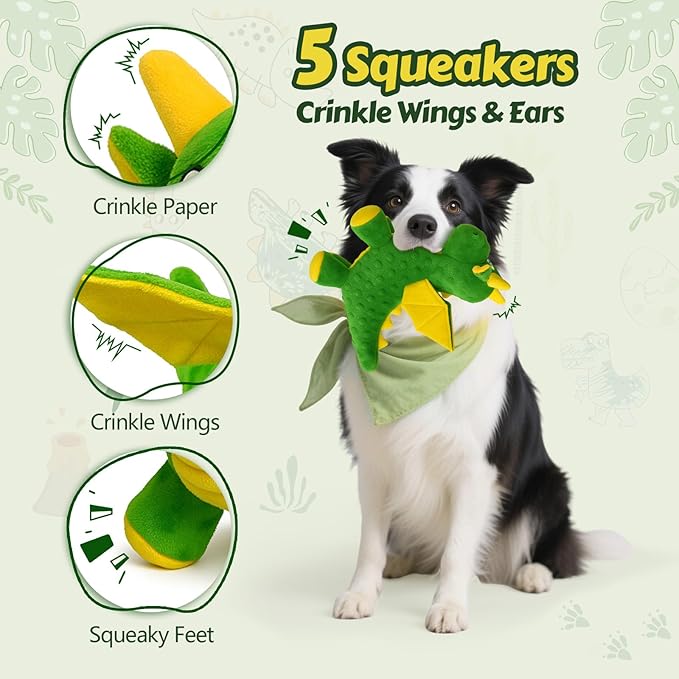 Squeaky Dog Toys - Soft Plush Dragon Dog Toy with 5 Squeakers & Crinkle Paper, Dog Toys for Small, Medium and Large Dogs to Keep Them Busy (Green,10")